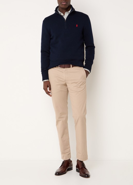 Ralph Lauren Ribgebreide trui met halve rits en logoborduring - voorkant 3 hunter navy/rood pp / donkerblauw