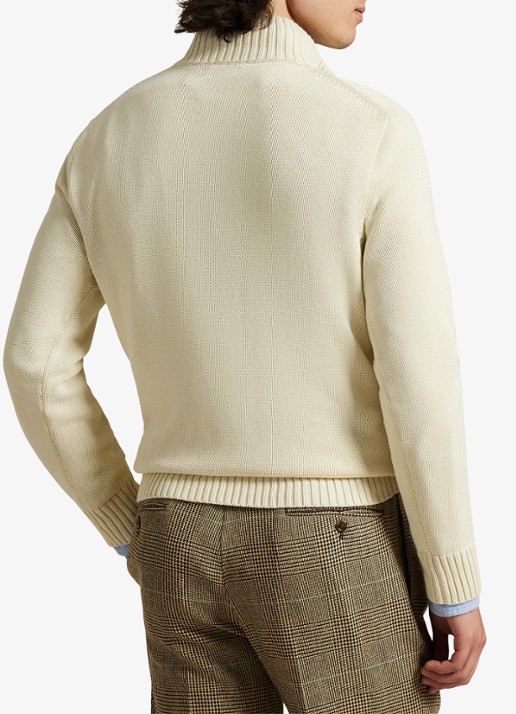 Ralph Lauren Ribgebreide trui met halve rits en logoborduring - achterkant creme