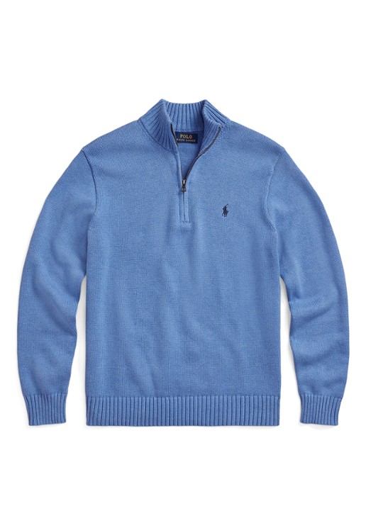 Ralph Lauren Ribgebreide trui met halve rits en logoborduring - voorkant lichtblauw