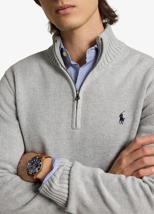 Ralph Lauren Ribgebreide trui met halve rits en logoborduring - detail 5 andover heather / grijs