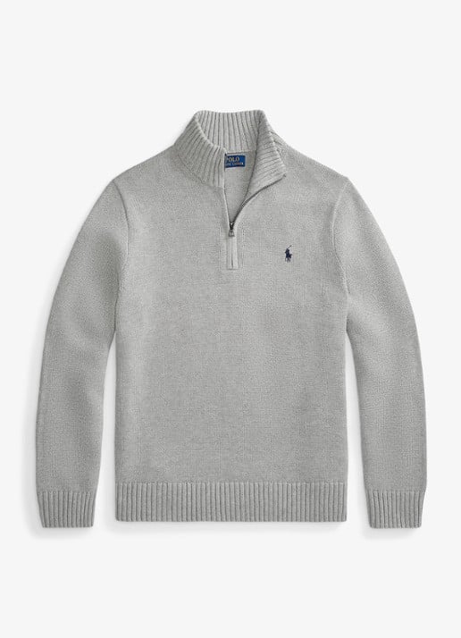 Ralph Lauren Ribgebreide trui met halve rits en logoborduring - voorkant andover heather / grijs