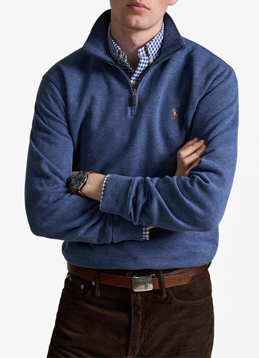 Ralph Lauren Ribgebreide trui met halve rits - voorkant 3 derby blue heather / blauw
