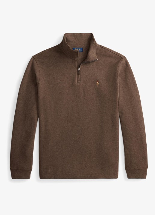 Ralph Lauren Ribgebreide trui met halve rits - voorkant 3 nutmeg brown heather / bruin