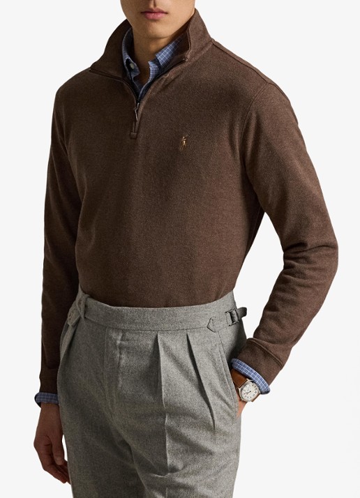 Ralph Lauren Ribgebreide trui met halve rits - voorkant 4 nutmeg brown heather / bruin