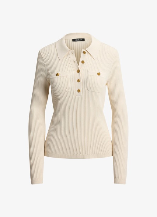 Ralph Lauren Ribgebreide trui met opgestikte zakken - voorkant 4 mascarpone crème / crème