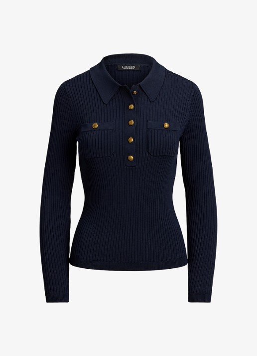 Ralph Lauren Ribgebreide trui met opgestikte zakken - voorkant lauren navy / blauw