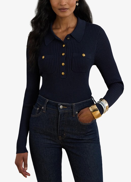 Ralph Lauren Ribgebreide trui met opgestikte zakken - voorkant 2 lauren navy / blauw