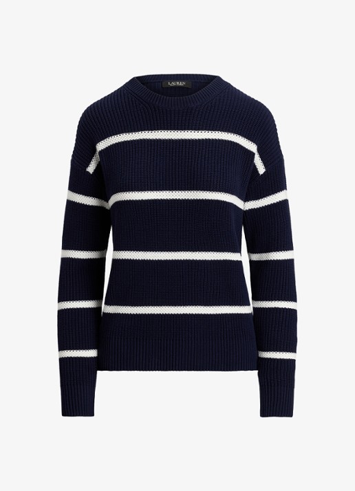 Ralph Lauren Ribgebreide trui met streepprint - voorkant donkerblauw