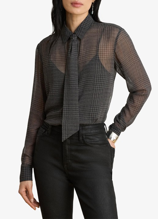 Ralph Lauren Semi-transparante blouse met pied-de-poule dessin en strikdetail