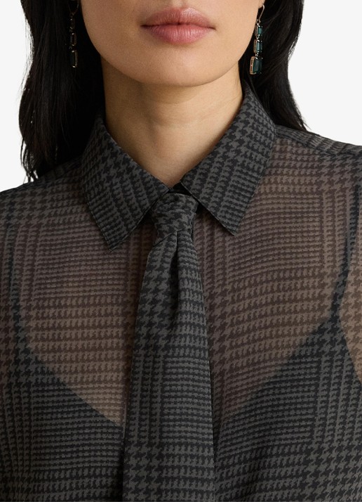 Ralph Lauren Semi-transparante blouse met pied-de-poule dessin en strikdetail - detail 5 grey/black / grijs/zwart