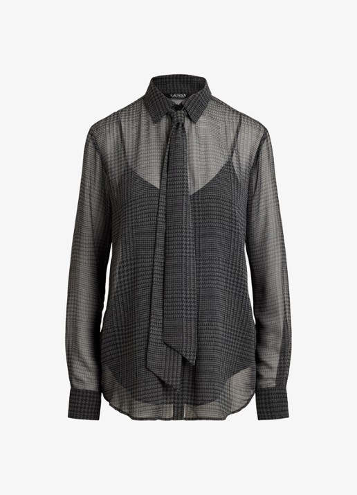 Ralph Lauren Semi-transparante blouse met pied-de-poule dessin en strikdetail - voorkant 2 grey/black / grijs/zwart