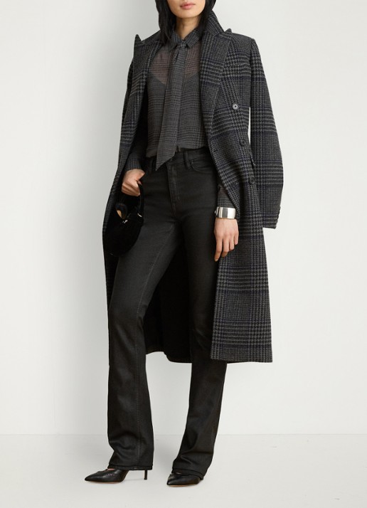 Ralph Lauren Semi-transparante blouse met pied-de-poule dessin en strikdetail - voorkant 3 grey/black / grijs/zwart
