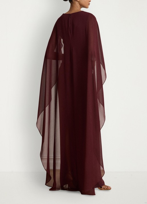 Ralph Lauren Semi-transparante maxi jurk met cape - achterkant dark garnet / bordeauxrood