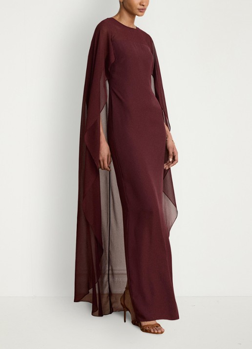 Ralph Lauren Semi-transparante maxi jurk met cape - voorkant 5 dark garnet / bordeauxrood