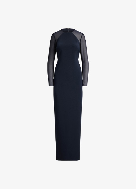 Ralph Lauren Semi-transparante maxi jurk met split - voorkant 4 lauren navy / blauw