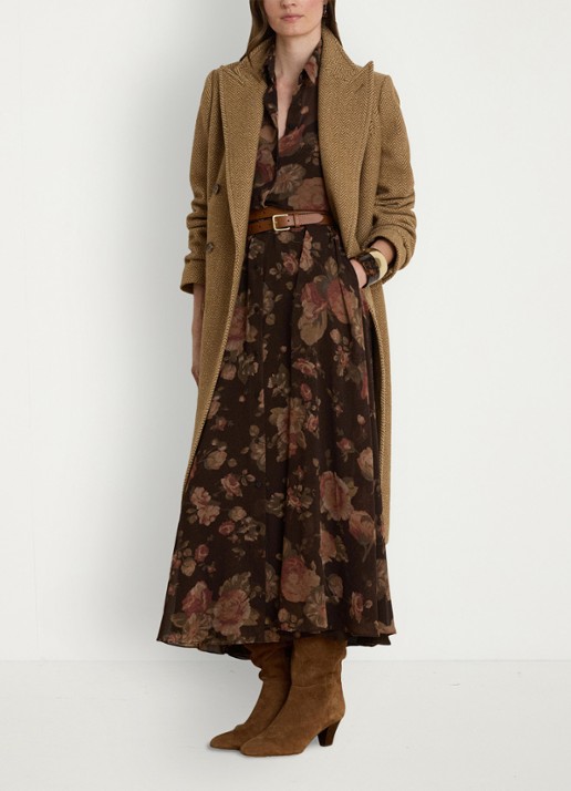 Ralph Lauren Semi-transparante midi blousejurk met bloemenprint - voorkant 2 brown multi / bruin