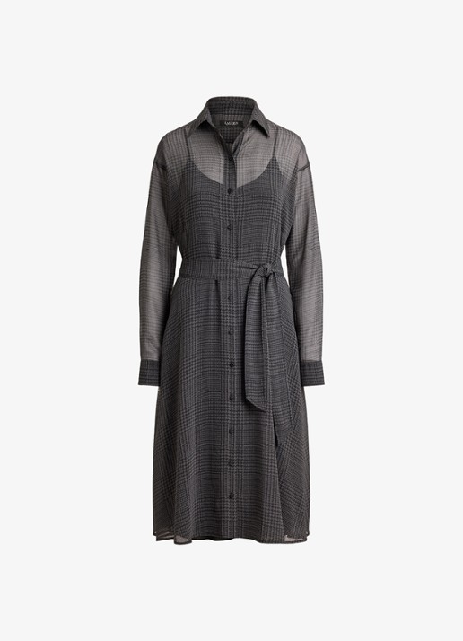 Ralph Lauren Semi-transparante midi blousejurk met pied-de-poule dessin - voorkant 4 grey/black / grijs/zwart
