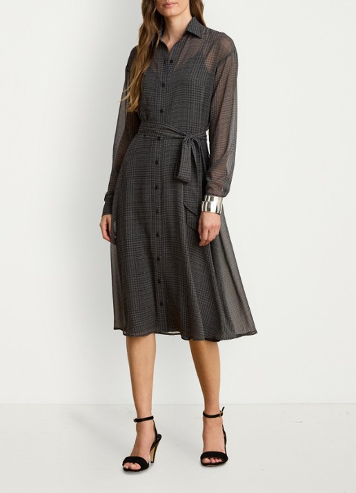 Ralph Lauren Semi-transparante midi blousejurk met pied-de-poule dessin - voorkant 5 grey/black / grijs/zwart