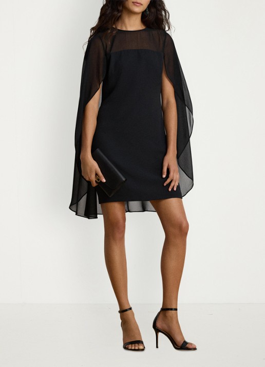 Ralph Lauren Semi-transparante mini jurk met cape - voorkant 2 zwart