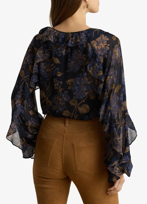 Ralph Lauren Semi-transparante tuniek met bloemenprint en ruches - achterkant navy multi / blauw