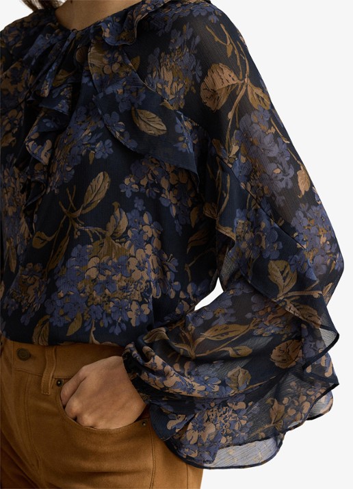 Ralph Lauren Semi-transparante tuniek met bloemenprint en ruches - detail 5 navy multi / blauw