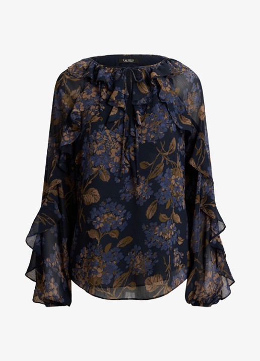 Ralph Lauren Semi-transparante tuniek met bloemenprint en ruches - voorkant 2 navy multi / blauw