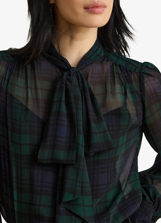 Ralph Lauren Semi-transparante tuniek met ruitdessin en sjaalkraag - detail 4 navy/green/black / blauw/groen/zwart