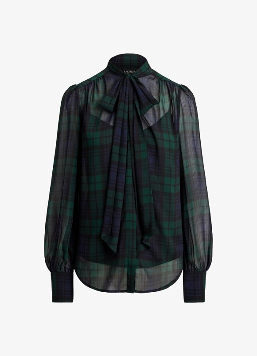 Ralph Lauren Semi-transparante tuniek met ruitdessin en sjaalkraag - voorkant navy/green/black / blauw/groen/zwart