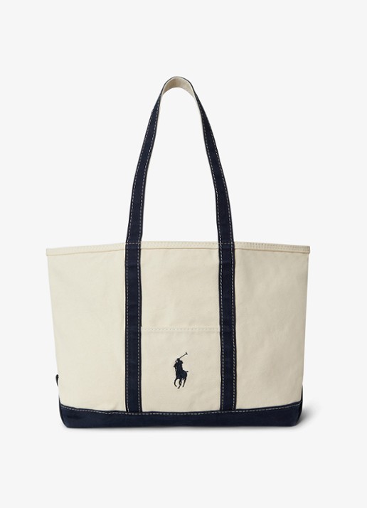 Ralph Lauren Shopper van canvas met logoborduring - voorkant 3 cream/navy / donkerblauw