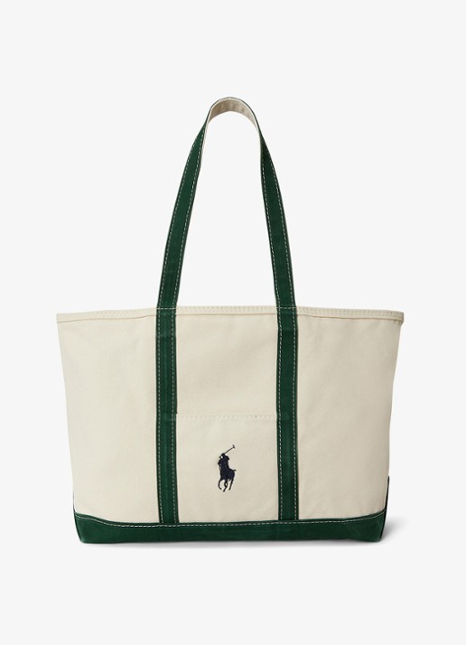 Ralph Lauren Shopper van canvas met logoborduring - voorkant cream/green / crème