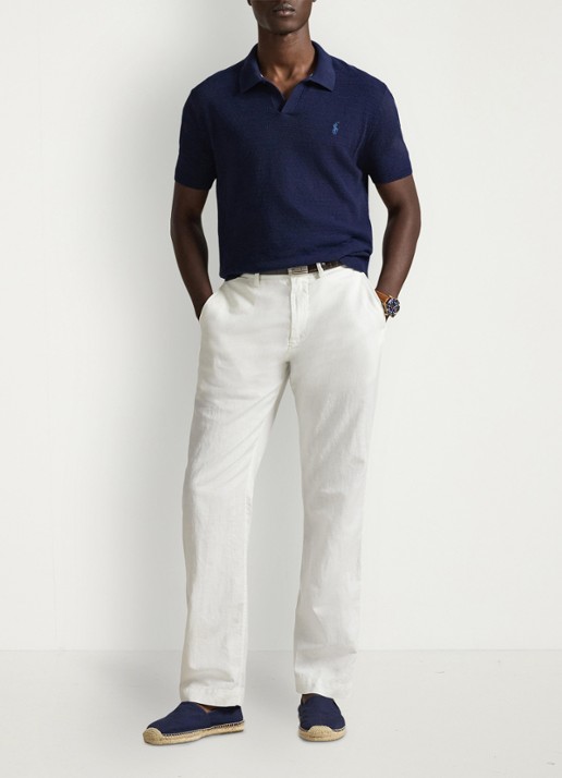 Ralph Lauren Slim fit fijngebreide polo in linnenblend - voorkant 5 bright navy/deckwash wht-zynp