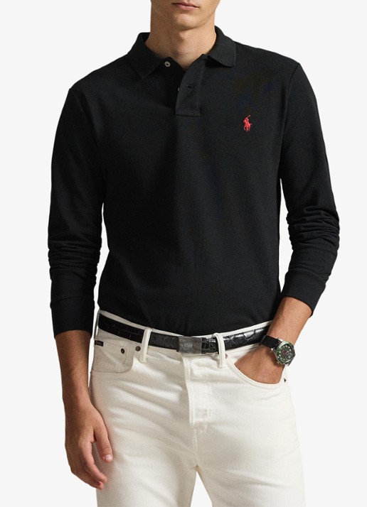 Ralph Lauren Slim fit mesh Polo-shirt met lange mouw - voorkant 5 polo black / zwart