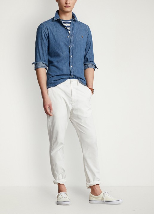 Ralph Lauren Slim fit overhemd van chambray met logoborduring - voorkant 4 indigo