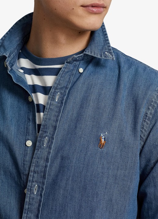 Ralph Lauren Slim fit overhemd van chambray met logoborduring - detail 8 indigo