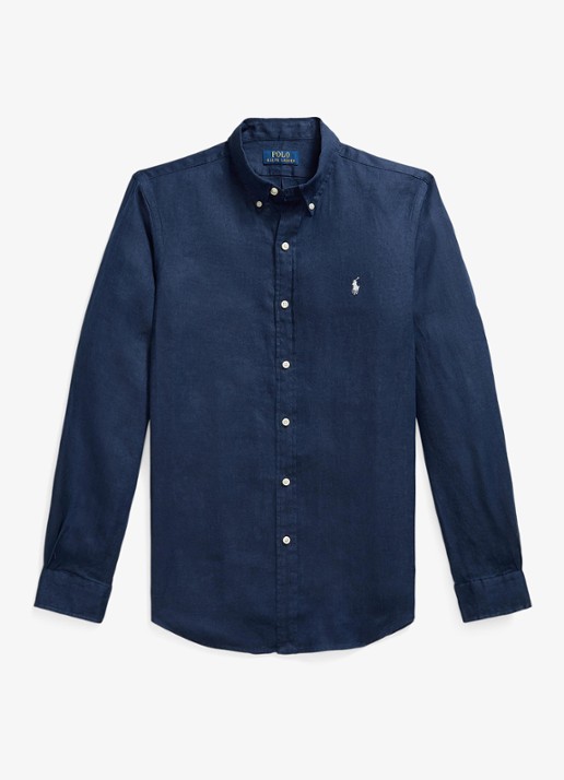 Ralph Lauren Slim fit overhemd van linnen met logoborduring - voorkant 2 newport navy / white / donkerblauw