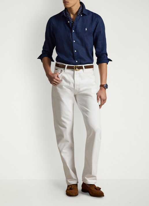 Ralph Lauren Slim fit overhemd van linnen met logoborduring - voorkant 3 newport navy / white / donkerblauw