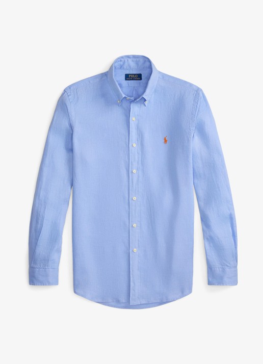 Ralph Lauren Slim fit overhemd van linnen met logoborduring - voorkant 3 austin blue / blauw