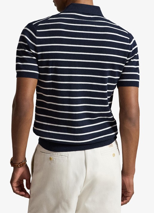 Ralph Lauren Slim fit ribgebreide polo met streepprint - achterkant navy white combo / donkerblauw
