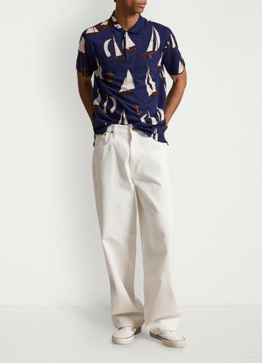 Ralph Lauren Standard fit polo in linnenblend met print - voorkant 4 nautical traverse / blauw