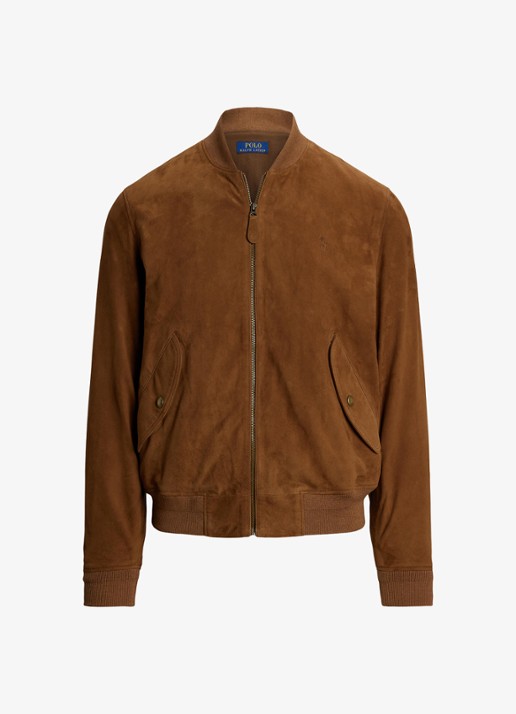 Ralph Lauren Suède bomberjack met logoborduring - voorkant 3 country brown / bruin