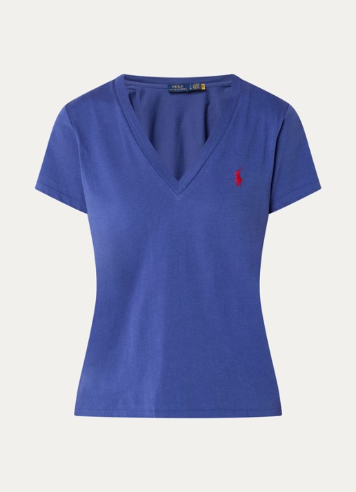 Ralph Lauren T-shirt met logoborduring en V-hals - voorkant 2 kobaltblauw