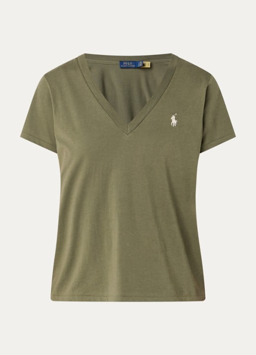 Ralph Lauren T-shirt met logoborduring en V-hals - voorkant 3 olijfgroen