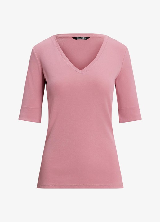 Ralph Lauren T-shirt met V-hals en halflange mouw - voorkant 4 rose mauve / roze