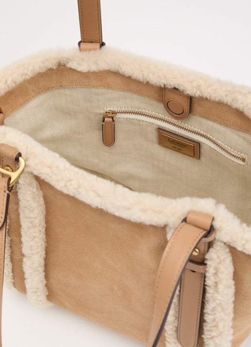 Ralph Lauren Tasha schoudertas van suède met schapenvacht - detail 2 camel