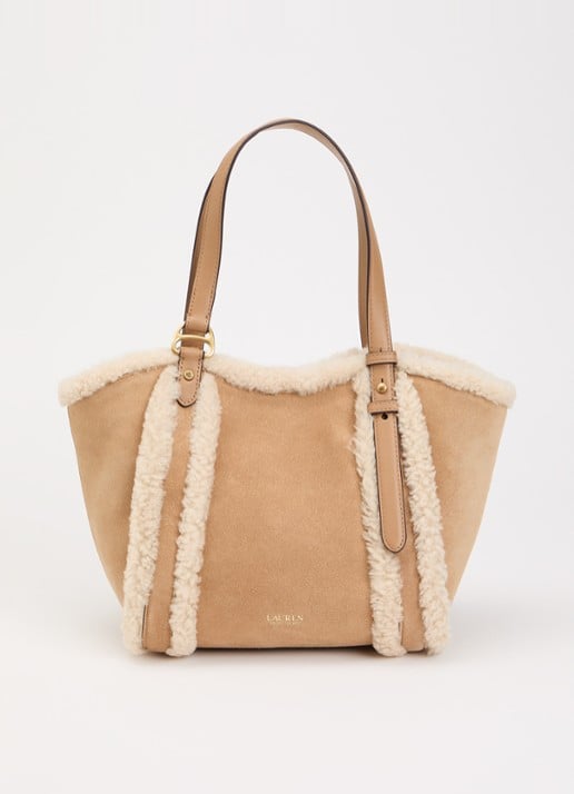 Ralph Lauren Tasha schoudertas van suède met schapenvacht - voorkant camel
