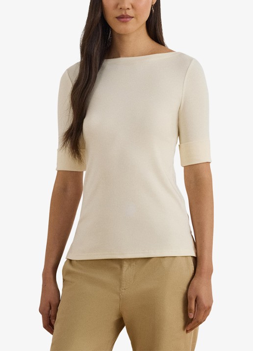Ralph Lauren Top met boothals - voorkant 5 mascarpone cream / beige