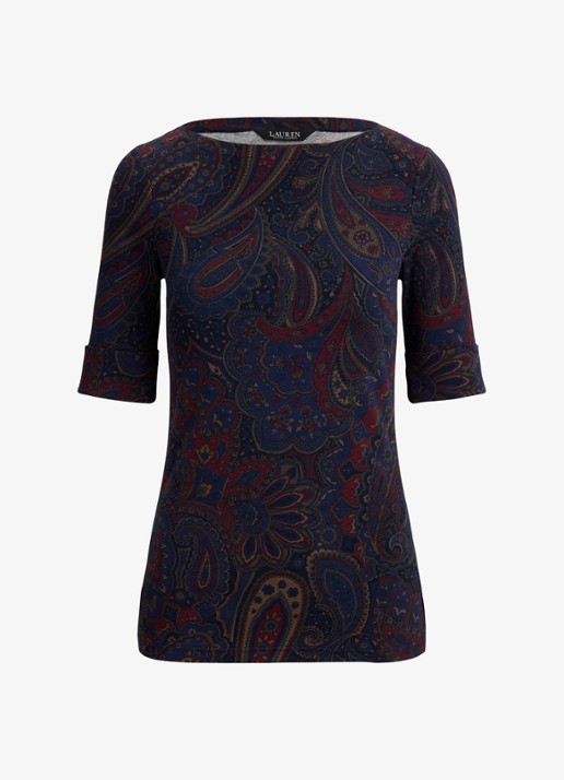 Ralph Lauren Top met paisley dessin en boothals - voorkant 3 navy multi / blauw
