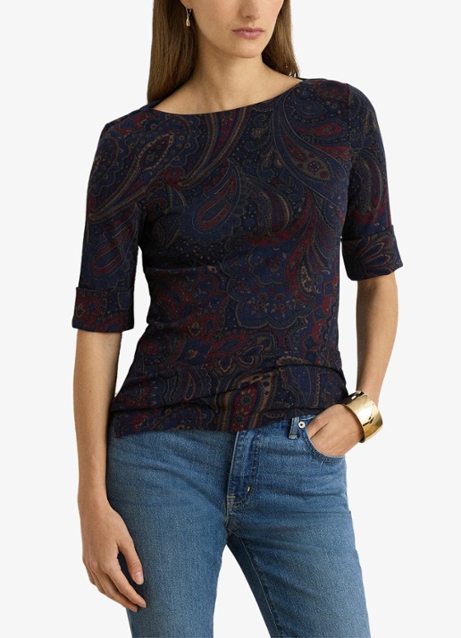 Ralph Lauren Top met paisley dessin en boothals - voorkant 4 navy multi / blauw