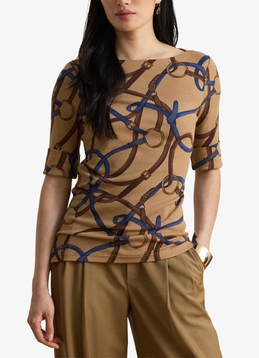 Ralph Lauren Top met print en boothals - voorkant 3 camel multi / beige