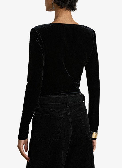 Ralph Lauren Top van fluweel met plooidetail en asymmetrische hals - achterkant black velvet / zwart